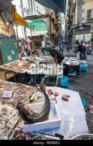 Un pescivendoli in stallo il mercato sulla via Pignasecca sul bordo settentrionale dei Quartieri Spagnoli, Quartieri Spagnoli, Napoli, Italia. Foto Stock