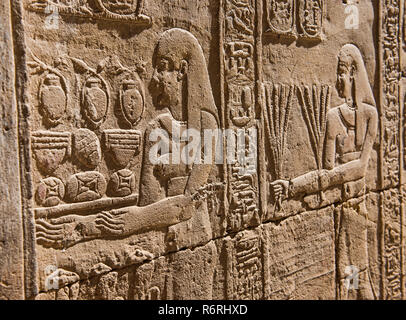 Hieroglypic incisioni sulla parete presso gli antichi egiziani Tempio di Horus in Edfu Foto Stock