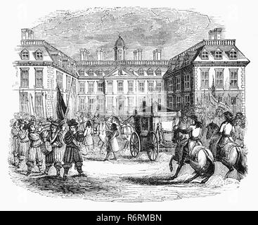 L'arrivo del re Carlo II di Clarendon House, un palazzo signorile in piedi di Piccadilly a Londra, Inghilterra, dal 1699s a 1680s. Essa fu costruita per il potente uomo politico Edward Hyde, 1° Conte di Clarendon dopo la restaurazione della monarchia inglese nel 1660. Nel 1667, il Clarendon è sceso dal favore dopo la carica che ha catturato la pietra destinata per le riparazioni alla Cattedrale di San Paolo dopo il Grande Incendio di costruire la sua casa. Il Re successivamente abbandonato il suo ex preferito, che erano fuggiti in Francia. Foto Stock