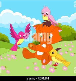 Cute cat personaggio dei fumetti con gli uccelli a mangiare da una mano sullo sfondo di un cartone animato paesaggio all'aperto, prati Illustrazione Vettoriale