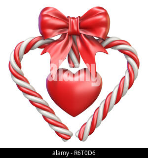 Candy cane, il cuore e la prua a nastro 3D rendering immagine isolata su sfondo bianco Foto Stock
