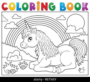 Libro da colorare giacente unicorn tema 2 Foto Stock