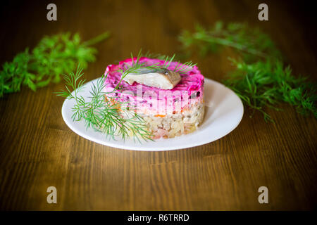 Layered insalata di verdure bollite con bietole e aringa Foto Stock