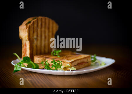 Hot double sandwich con foglie di lattuga e farcite in una piastra Foto Stock