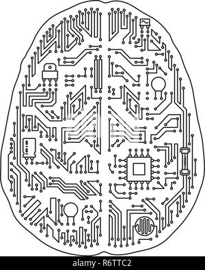 Scheda madre di cervello umano isolato a forma di illustrazione vettoriale. In bianco e nero di intelligenza artificiale e il concetto di tecnologia. Illustrazione Vettoriale