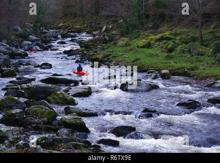 Coppia di Red Kayak Going Down East Lyn fiume. Parco Nazionale di Exmoor, North Devon, Regno Unito. Foto Stock