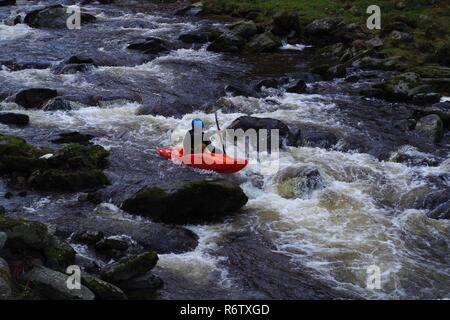 Uomo in rosso Kayak Going Down East Lyn fiume. Parco Nazionale di Exmoor, North Devon, Regno Unito. Foto Stock