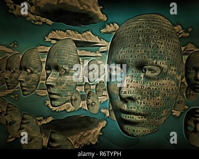 Pittura surreale. Maschere vola nel cielo. Parole. Foto Stock