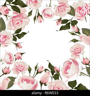 Vettore cornice floreale con rose. Sfondo fiorito con fiori di colore rosa per il giorno del matrimonio o st. Il giorno di san valentino Illustrazione Vettoriale