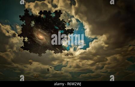 Surreale arte digitale. Le nuvole stanno crollando su pezzi di un puzzle. Galaxy in spazio stellato. Foto Stock