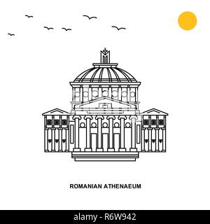 Il Romanian Athenaeum monumento. Viaggi nel mondo naturale sfondo illustrazione in stile linea Illustrazione Vettoriale