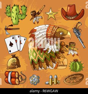 Personaggio dei fumetti American Eagle con set di western classico design di elementi di stampa Illustrazione Vettoriale