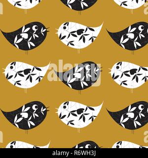 Vettore di uccelli pattern in bianco e nero su uno sfondo dorato Illustrazione Vettoriale