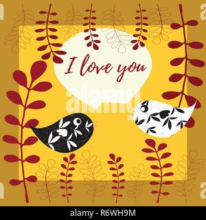 Ti Amo vettore illustrazione della scheda con uccelli e foglie in nero, bianco, rosso e oro nella tavolozza dei colori Illustrazione Vettoriale
