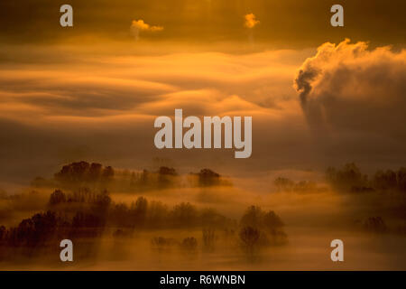 Sunrise sulla foresta di nebbia, paesaggio autunnale in Italia Foto Stock