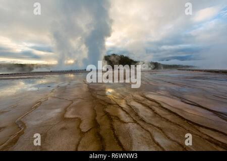 Vapore sorge il Grand Prismatic Spring area del Parco Nazionale di Yellowstone in Wyoming a sunrise. Stati Uniti d'America Foto Stock