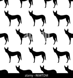 Modello senza cuciture con sagome di Dingo cane. Animali australiani. Isolato su sfondo bianco. Silhouette nera. Disegnato a mano. Illustrazione Vettoriale. Illustrazione Vettoriale