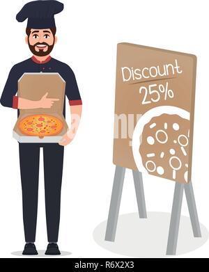 Pizzaiolo detiene pizza illustrazione vettoriale isolati su sfondo bianco, chef annuncia la pizza, 25 percento di sconto Illustrazione Vettoriale