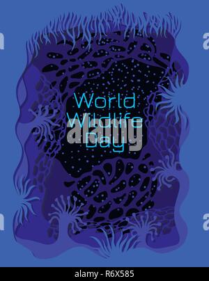 World Wildlife giorno. Il concetto di un evento ambientale. Il mondo subacqueo. Arte della carta Illustrazione Vettoriale