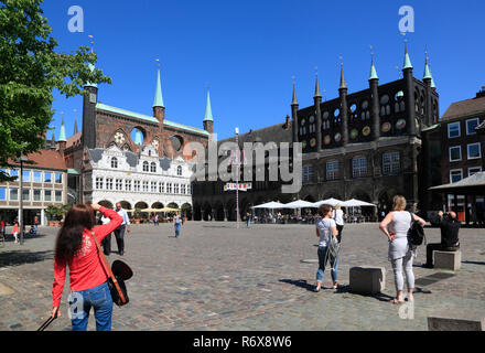 Municipio e Piazza del mercato, Lubecca, Lubecca, Schleswig-Holstein, Germania, Europa Foto Stock