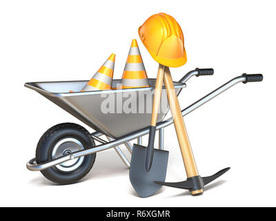 Carriola con pala e piccone, traffico coni e hardhat 3D Foto Stock