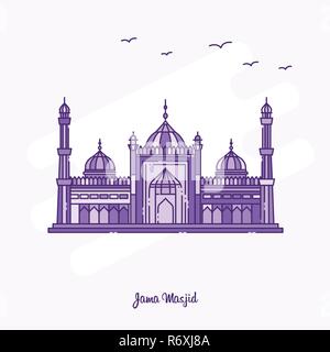 JAMA MASJID Landmark viola linea tratteggiata skyline illustrazione vettoriale Illustrazione Vettoriale