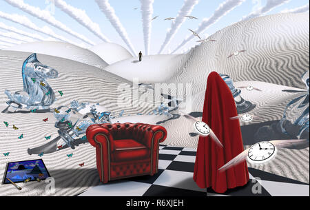 Il gioco. Deserto surreale con figure di scacchi. La figura in rosso il hijab. Poltrona. Pittura con pennello e coloranti. Orologi alato rappresenta il flusso del tempo Foto Stock