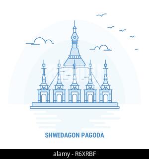 SHWEDAGON PAGODA Landmark blu. Background creativo e modello di poster Illustrazione Vettoriale