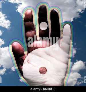 Yin Yang segno sulla palma umana Foto Stock