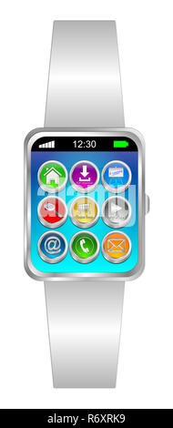 Smartwatch bianco con diversi pulsanti funzione sul display blu - 3D illustrazione Foto Stock