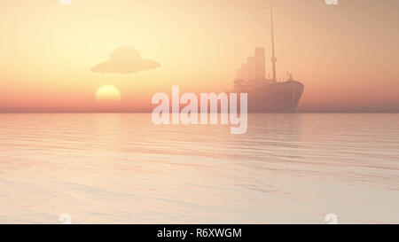 Ufo volare su ocean liner Foto Stock