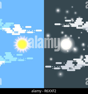 Di giorno e di notte il vettore illustrazioni piana o banner. Il sole e la Luna. La metà di giorno e di notte e il sole e la luna con le nuvole. Illustrazione piana del cielo e meteo broadcasting, cloud e la vita, periodo e ciclo per striscioni di mobile app sfondi Foto Stock
