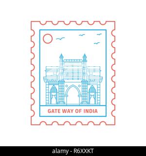 Modo di gate di INDIA francobollo blu e rosso stile di linea, illustrazione vettoriale Illustrazione Vettoriale