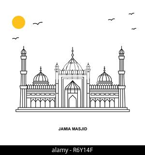 JAMA MASJID monumento. Viaggi nel mondo naturale sfondo illustrazione in stile linea Illustrazione Vettoriale