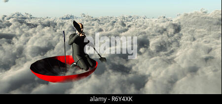 La fuga dalla realtà. Il surrealismo. Uomo in un vestito con paddle galleggianti in rosso ombrello sulle nuvole. Foto Stock