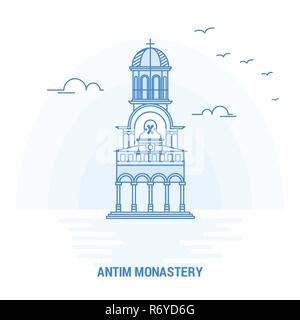 Monastero ANTIM Landmark blu. Background creativo e modello di poster Illustrazione Vettoriale