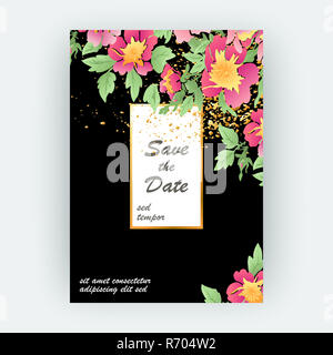 Biglietti d'auguri con fiore rosa corona foglie con linee d'oro nero bianco geometrico trendy sfondo matrimonio ornamento rosa floreale rivista poster invito. Illustrazione grafica matrimonio, copertina, prodotto, Foto Stock