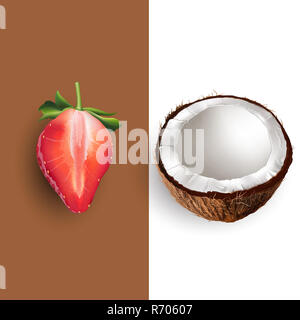 Le noci di cocco e fragola. Illustrazione Vettoriale Foto Stock