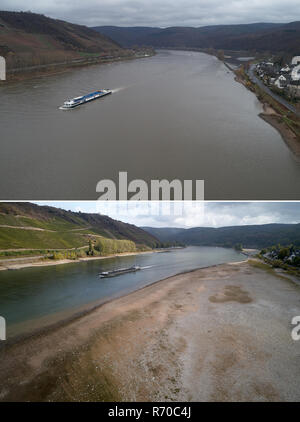 Osterspai, Germania. 06 Dic, 2018. La foto mostra combo a sandbank vicino Osterspai, presa su 06.12.2018 (foto in alto) e il 3.10.2018 (foto in basso). Tuttavia, la bassa estrema situazione di acqua non è ancora completamente rilassato. Il livello delle acque sotterranee resta insolitamente bassa. Vista aerea con un drone. (A dpa 'Bargemen tirare un sospiro di sollievo - ma le acque sotterranee sul Reno rimane basso') Credito: Thomas Frey/dpa/Alamy Live News Foto Stock