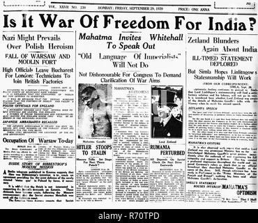 Notizie Mahatma Gandhi sulla prima pagina del giornale Bombay Mumbai, India, 29 settembre 1939, una anna, vecchia immagine del 1900 vintage Foto Stock