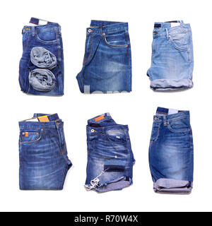 Il denim set. Jeans isolato su sfondo bianco Foto Stock