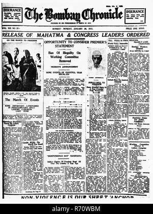 Notizie Mahatma Gandhi sulla prima pagina del giornale Bombay Chronicle, Bombay, Mumbai, India, gennaio 26, 1931, vecchia immagine del 1900 Foto Stock