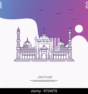 Travel Jama Masjid modello Poster. Viola background creativo Illustrazione Vettoriale