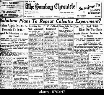 Prima pagina del giornale Bombay Chronicle, Mahatma Gandhi su rivolte indù musulmane, India, 10 settembre 1947, vecchia immagine del 1900 vintage Foto Stock