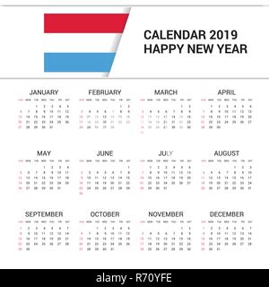 Calendario 2019 Lussemburgo bandiera dello sfondo. Lingua inglese Illustrazione Vettoriale