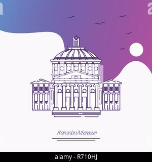 Travel Romanian Athenaeum Poster modello. Viola background creativo Illustrazione Vettoriale