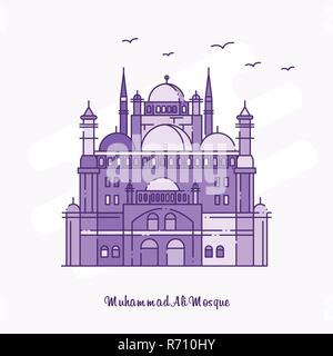 MUHAMMAD ALI moschea Landmark viola linea tratteggiata skyline illustrazione vettoriale Illustrazione Vettoriale