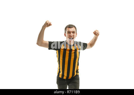 Il belga tifoso di calcio celebrando su sfondo bianco Foto Stock