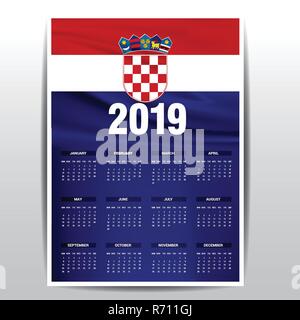 Calendario 2019 Croazia bandiera dello sfondo. Lingua inglese Illustrazione Vettoriale