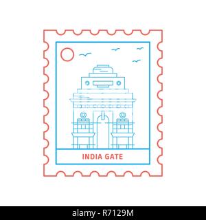 INDIA GATE francobollo blu e rosso stile di linea, illustrazione vettoriale Illustrazione Vettoriale